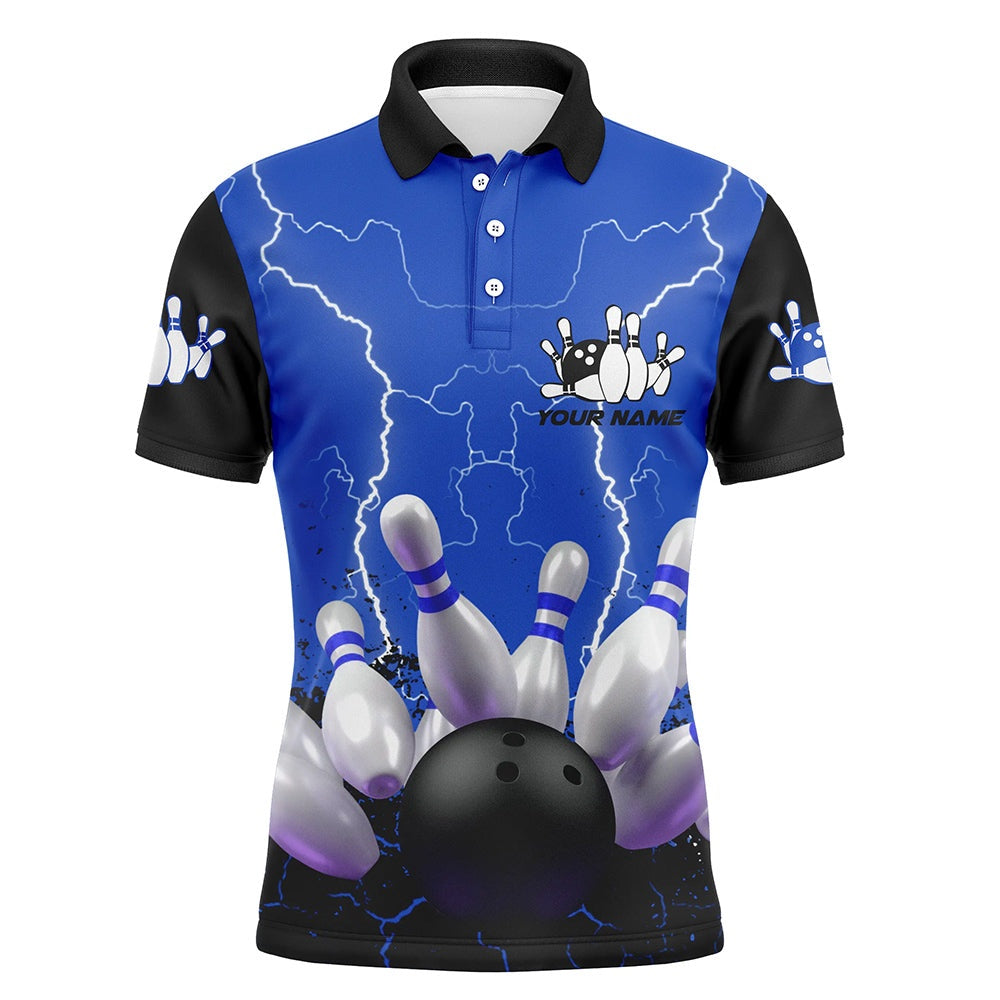 Custom Bowling Polo Shirts, Blue Lightning Mens Polo Bowling Shirts, Personalized Men'S Bowling Jerseys, Bowling Team Jerseys