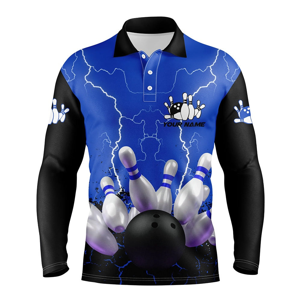 Custom Bowling Polo Shirts, Blue Lightning Mens Polo Bowling Shirts, Personalized Men'S Bowling Jerseys, Bowling Team Jerseys