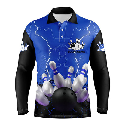 Custom Bowling Polo Shirts, Blue Lightning Mens Polo Bowling Shirts, Personalized Men'S Bowling Jerseys, Bowling Team Jerseys