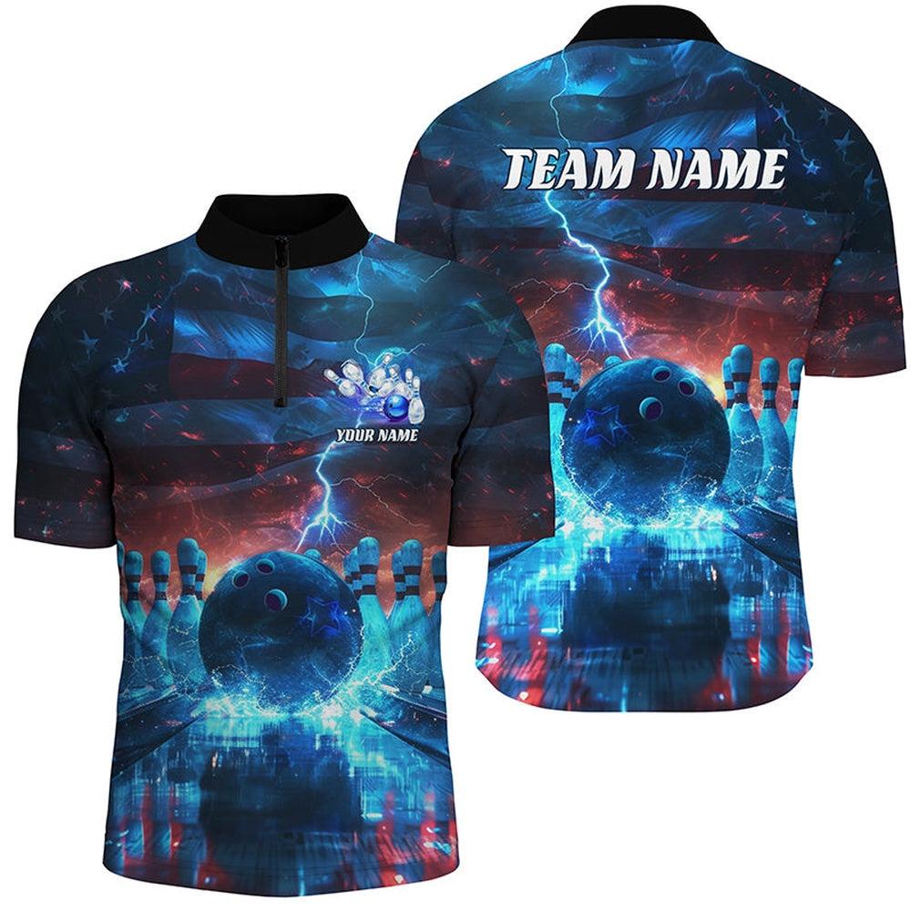 Custom Bowling Polo Shirts, Blue Lightning Patriotic American Flag Custom Bowling Team Shirts For Men And Women