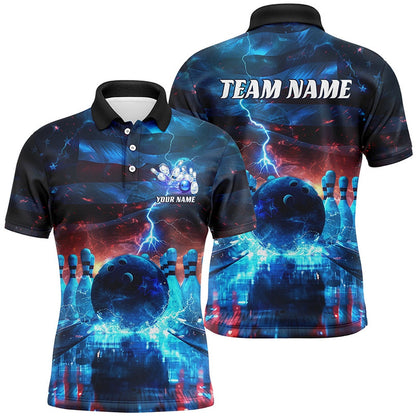 Custom Bowling Polo Shirts, Blue Lightning Patriotic American Flag Custom Bowling Team Shirts For Men And Women