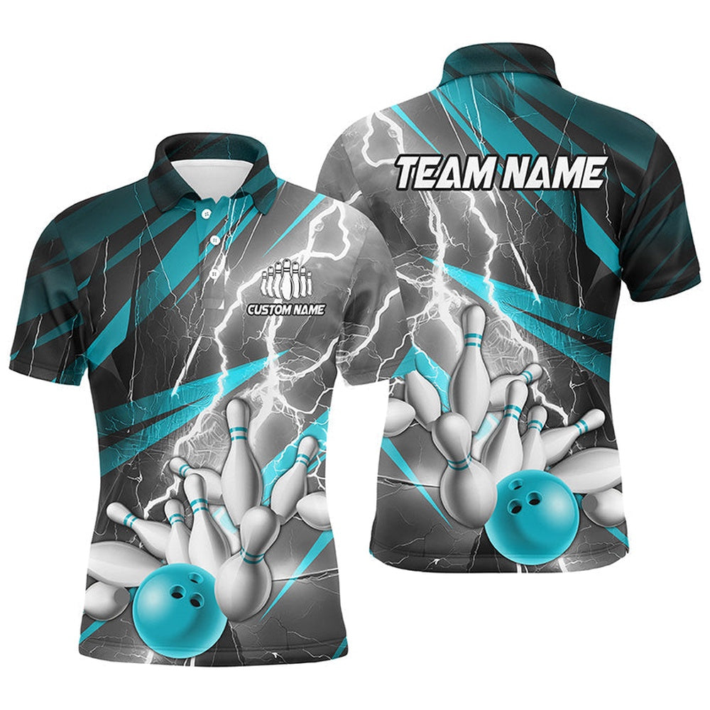 Custom Bowling Polo Shirts, Blue Lightning Strike Custom Bowling Polo Shirts For Men, Team Bowling Shirts Bowler Outfit