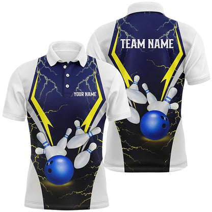 Custom Bowling Polo Shirts, Blue Lightning Thunder Bowling Ball And Pins Custom Men Bowling Polo Shirts, Team Bowling Jersey