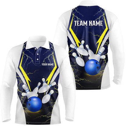 Custom Bowling Polo Shirts, Blue Lightning Thunder Bowling Ball And Pins Custom Men Bowling Polo Shirts, Team Bowling Jersey