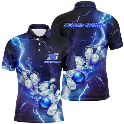 Custom Bowling Polo Shirts, Blue Lightning Thunder Custom Bowling Team Jersey,Team Bowling Shirts For Men