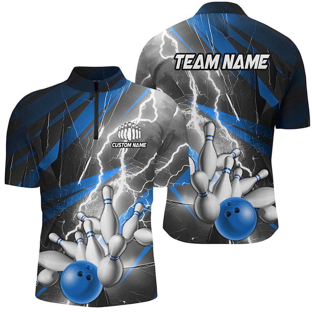 Custom Bowling Polo Shirts, Blue Lightning Thunder Custom Bowling Team Jersey,Team Bowling Shirts For Men And Women
