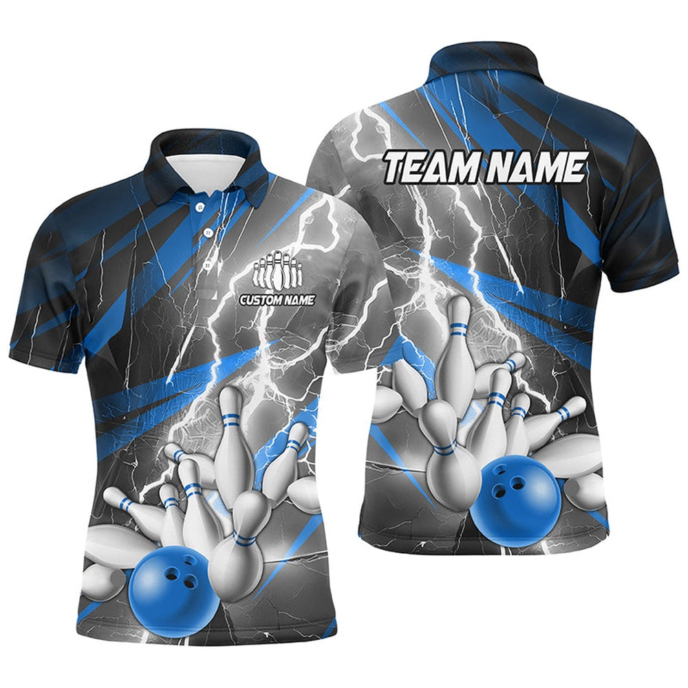 Custom Bowling Polo Shirts, Blue Lightning Thunder Custom Bowling Team Jersey,Team Bowling Shirts For Men And Women