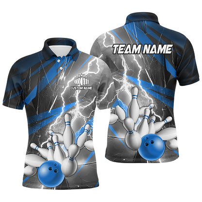 Custom Bowling Polo Shirts, Blue Lightning Thunder Custom Bowling Team Jersey,Team Bowling Shirts For Men And Women