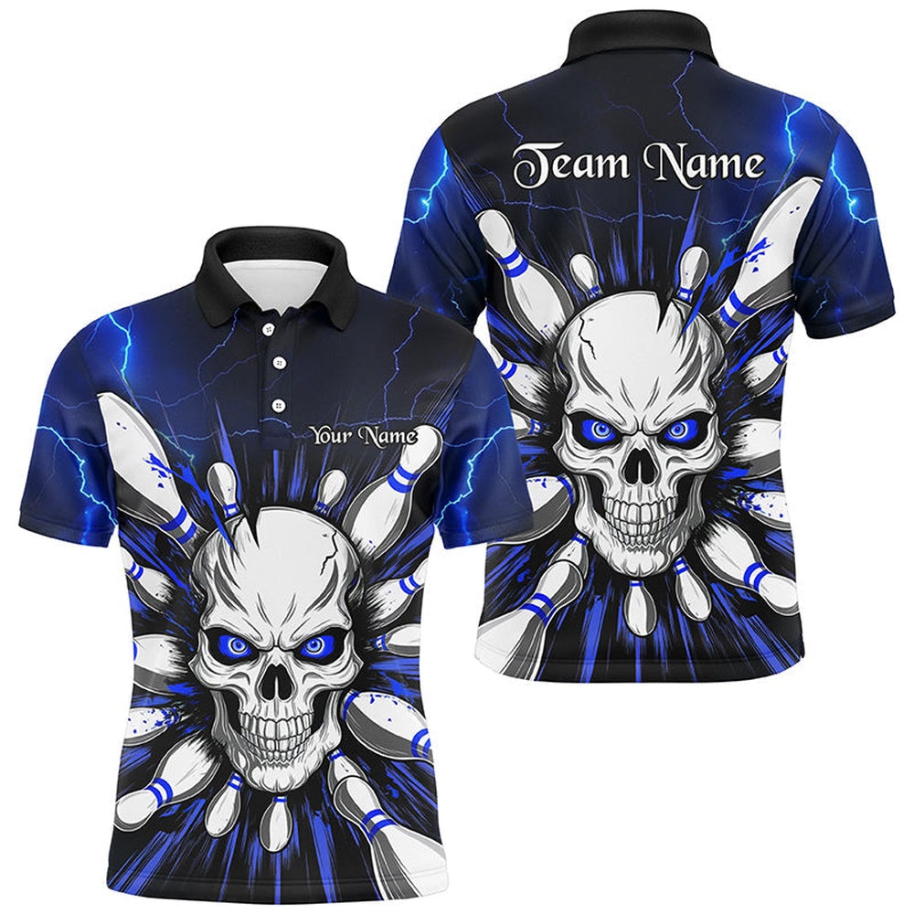 Custom Bowling Polo Shirts, Blue Lightning Thunder Custom Skull Bowling Shirt For Men, Halloween Bowling Team Polo Shirt