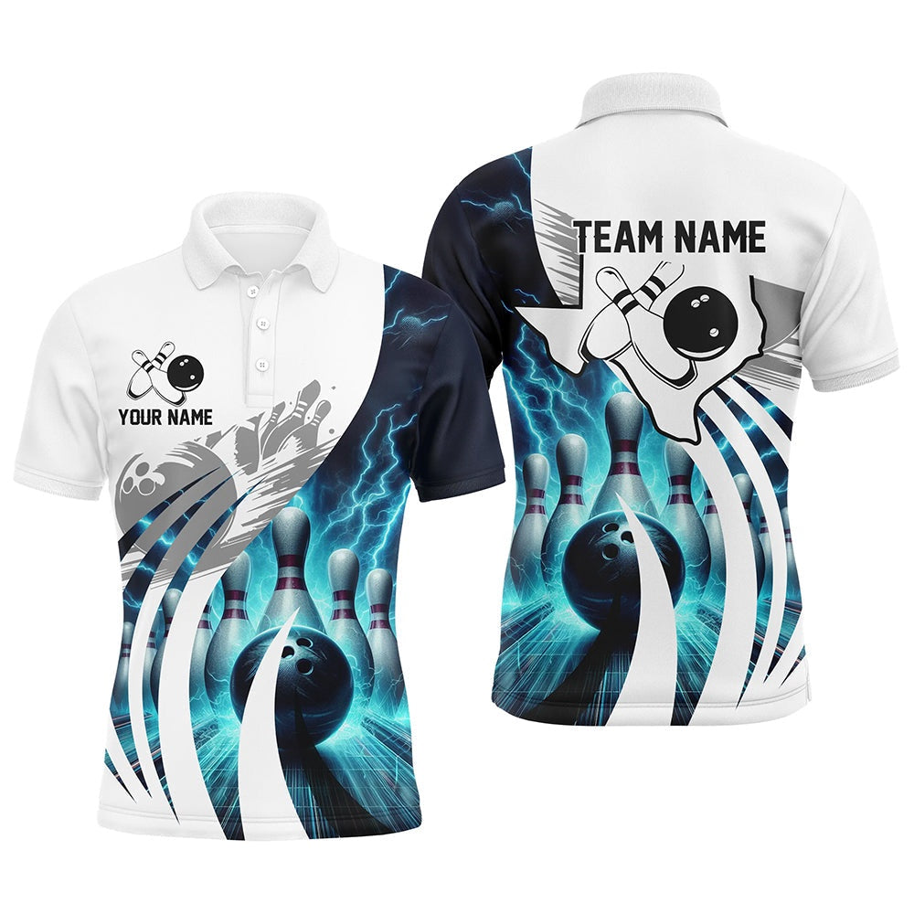 Custom Bowling Polo Shirts, Blue Lightning Thunder Men Bowling Polo Shirt Custom Texas Team League Jerseys, Gifts For Bowlers