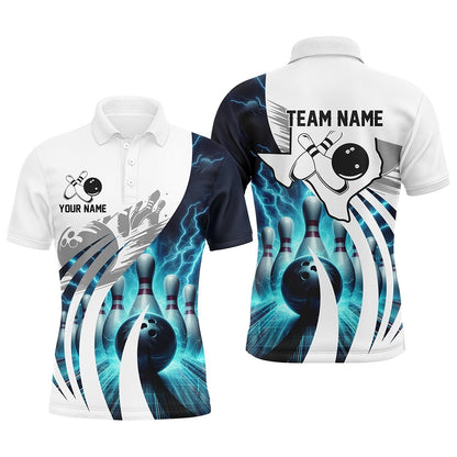 Custom Bowling Polo Shirts, Blue Lightning Thunder Men Bowling Polo Shirt Custom Texas Team League Jerseys, Gifts For Bowlers