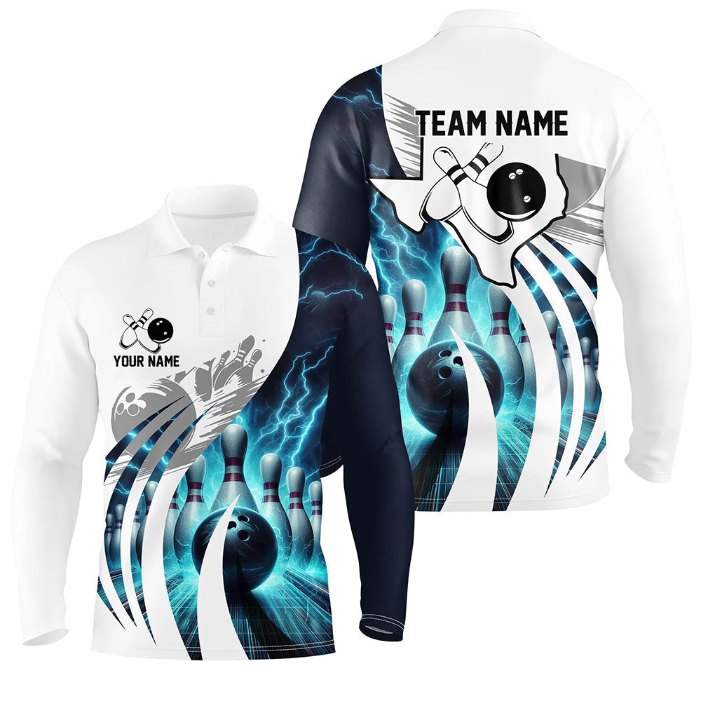 Custom Bowling Polo Shirts, Blue Lightning Thunder Men Bowling Polo Shirt Custom Texas Team League Jerseys, Gifts For Bowlers