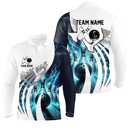 Custom Bowling Polo Shirts, Blue Lightning Thunder Men Bowling Polo Shirt Custom Texas Team League Jerseys, Gifts For Bowlers