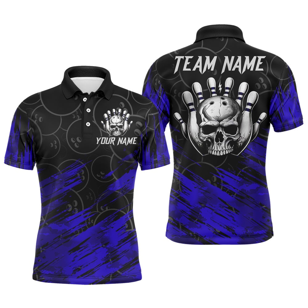 Custom Bowling Polo Shirts, Blue Skull Bowling Polo Shirt For Men & Women Custom Funny Bowling Team Jersey