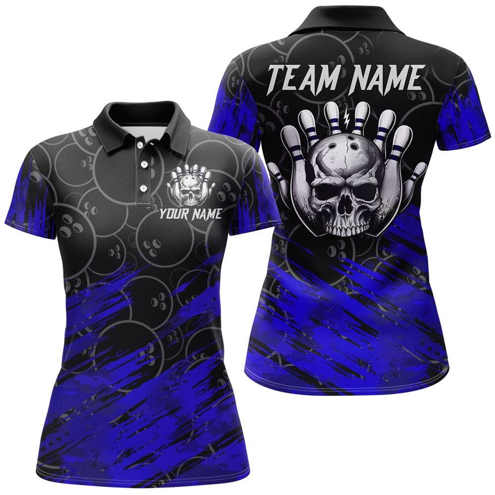 Custom Bowling Polo Shirts, Blue Skull Bowling Polo Shirt For Men & Women Custom Funny Bowling Team Jersey