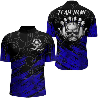 Custom Bowling Polo Shirts, Blue Skull Bowling Shirt For Men & Women Custom Funny Zip Bowling Team Jersey