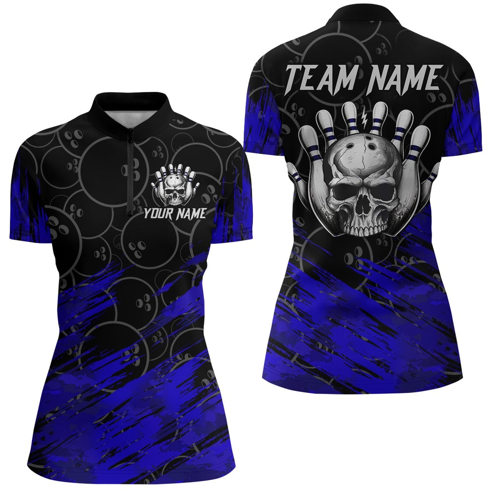 Custom Bowling Polo Shirts, Blue Skull Bowling Shirt For Men & Women Custom Funny Zip Bowling Team Jersey