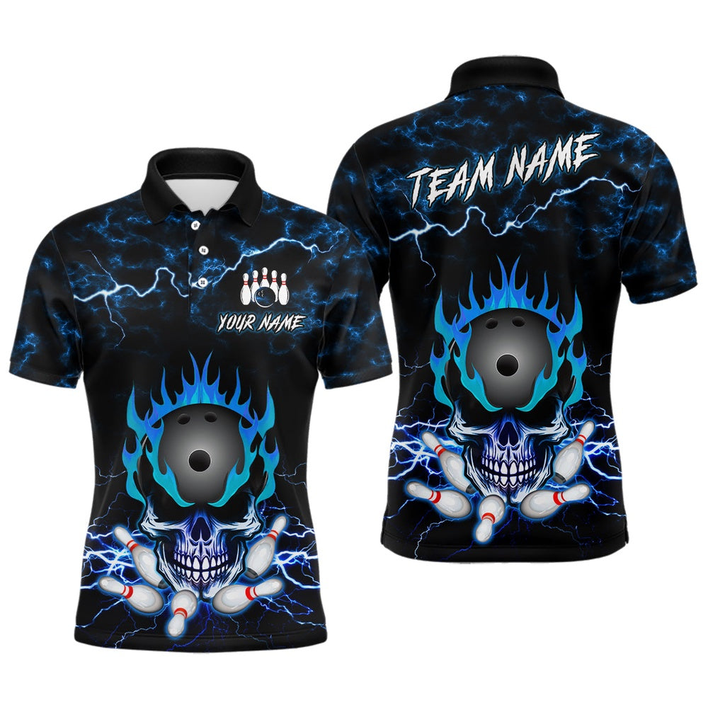Custom Bowling Polo Shirts, Blue Skull Fire Bowling Shirt For Mens Custom Name Bowling Team Jersey Shirt