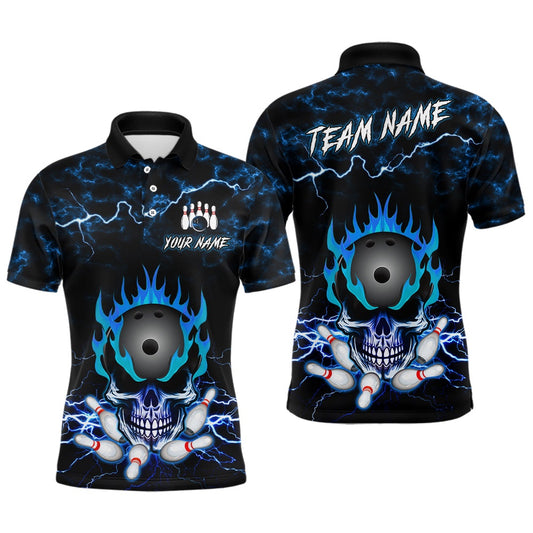 Custom Bowling Polo Shirts, Blue Skull Fire Bowling Shirt For Mens Custom Name Bowling Team Jersey Shirt