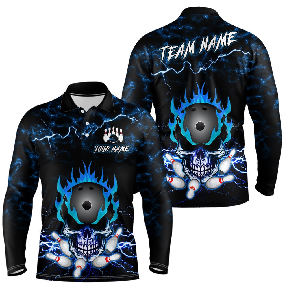 Custom Bowling Polo Shirts, Blue Skull Fire Bowling Shirt For Mens Custom Name Bowling Team Jersey Shirt