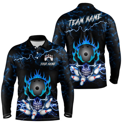 Custom Bowling Polo Shirts, Blue Skull Fire Bowling Shirt For Mens Custom Name Bowling Team Jersey Shirt