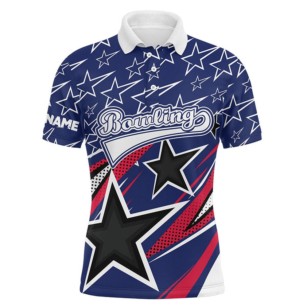 Custom Bowling Polo Shirts, Blue Stars Mens Polo Bowling Shirts Custom Name Team Bowling Jerseys