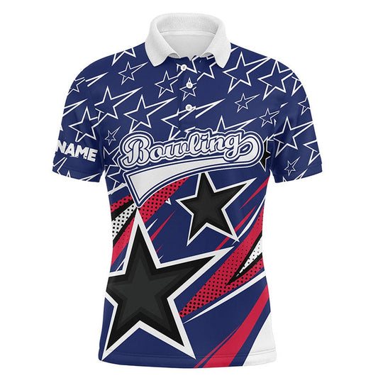 Custom Bowling Polo Shirts, Blue Stars Mens Polo Bowling Shirts Custom Name Team Bowling Jerseys