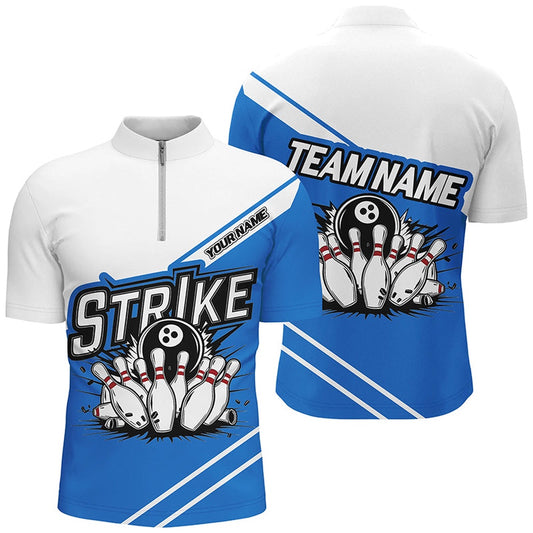 Custom Bowling Polo Shirts, Blue Strike Bowling Shirts For Men And Women, Custom Team Name Bowling Jerseys Bowlers Outfits