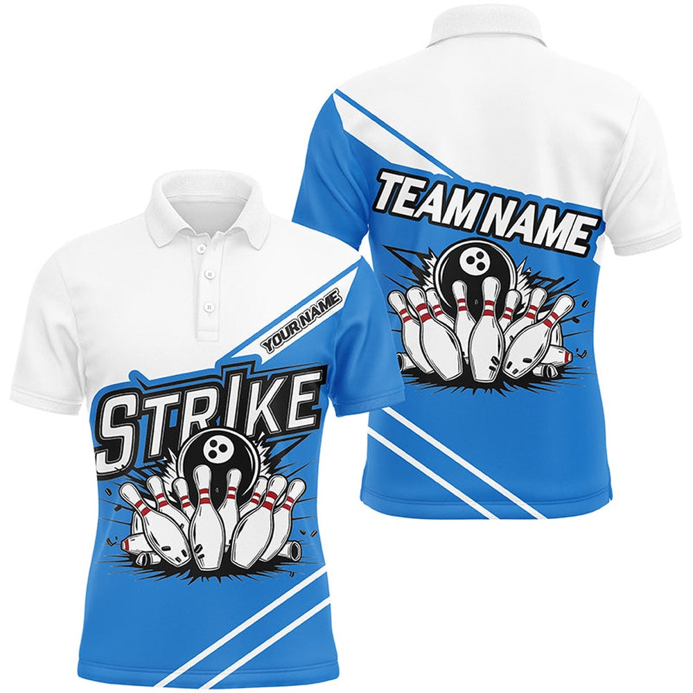 Custom Bowling Polo Shirts, Blue Strike Bowling Shirts For Men And Women, Custom Team Name Bowling Jerseys Bowlers Outfits