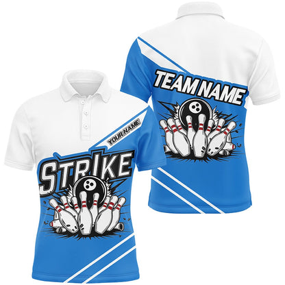 Custom Bowling Polo Shirts, Blue Strike Bowling Shirts For Men And Women, Custom Team Name Bowling Jerseys Bowlers Outfits
