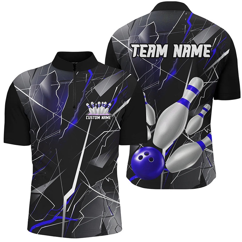 Custom Bowling Polo Shirts, Blue Thunder Lightning Custom Bowling Team Shirts For Men And Women, Strike Bowling Jerseys