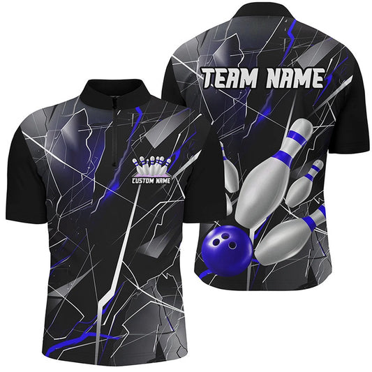 Custom Bowling Polo Shirts, Blue Thunder Lightning Custom Bowling Team Shirts For Men And Women, Strike Bowling Jerseys