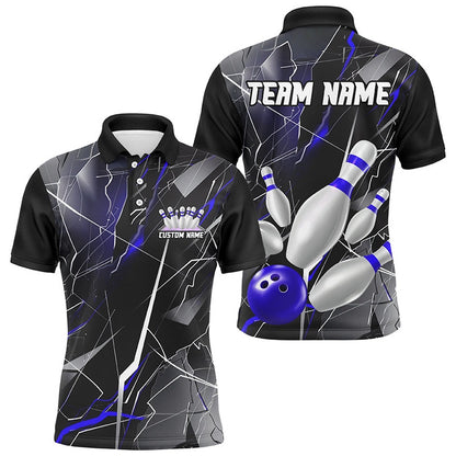 Custom Bowling Polo Shirts, Blue Thunder Lightning Custom Bowling Team Shirts For Men And Women, Strike Bowling Jerseys