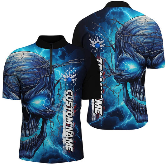 Custom Bowling Polo Shirts, Blue Thunder Lightning Custom Bowling Team Shirts For Men, Personalized Bowling Jerseys