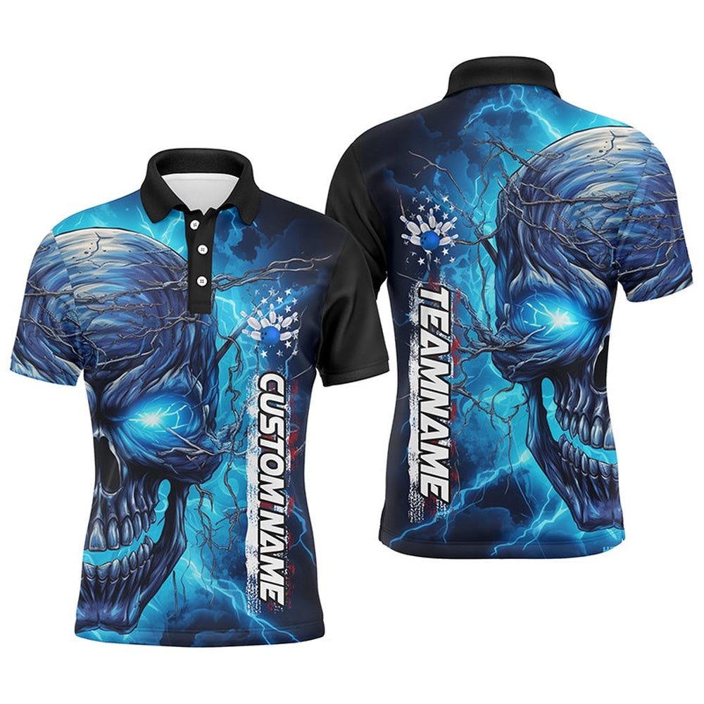 Custom Bowling Polo Shirts, Blue Thunder Lightning Custom Bowling Team Shirts For Men, Personalized Bowling Jerseys