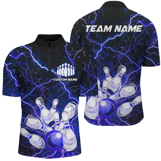 Custom Bowling Polo Shirts, Blue Thunder Lightning Custom Strike Unisex Bowling Team Shirts, Unisex Bowling Jerseys