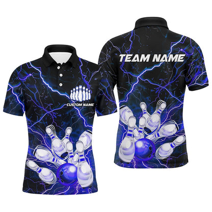 Custom Bowling Polo Shirts, Blue Thunder Lightning Custom Strike Unisex Bowling Team Shirts, Unisex Bowling Jerseys