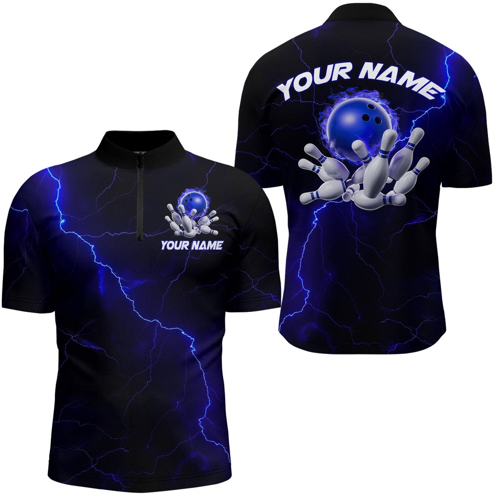 Custom Bowling Polo Shirts, Blue Thunder Lightning Flame Bowling Ball Custom Bowling Team Shirts For Men And Women Bowlers