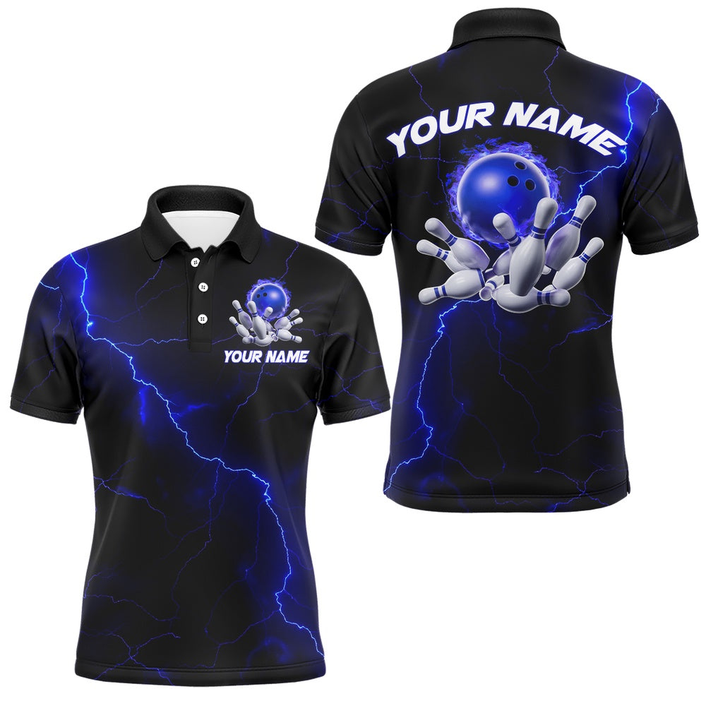 Custom Bowling Polo Shirts, Blue Thunder Lightning Flame Bowling Ball Custom Bowling Team Shirts For Men And Women Bowlers
