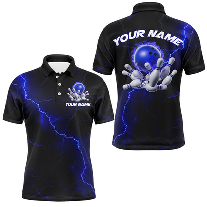 Custom Bowling Polo Shirts, Blue Thunder Lightning Flame Bowling Ball Custom Bowling Team Shirts For Men And Women Bowlers
