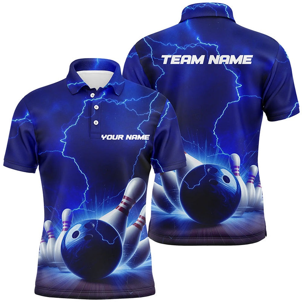 Custom Bowling Polo Shirts, Blue Thunder Lightning Men Bowling Polo Shirts Personalized Bowling League Team Jerseys