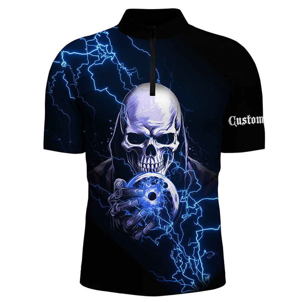 Custom Bowling Polo Shirts, Blue Thunder Skull Custom Bowling Team Shirts For Men And Women Team Bowling Jerseys Bowlers