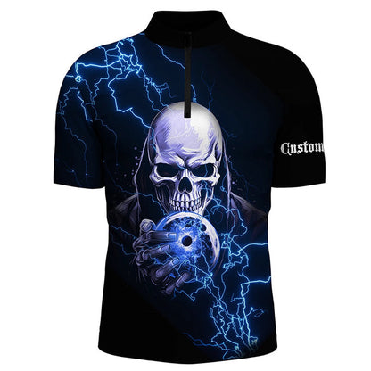 Custom Bowling Polo Shirts, Blue Thunder Skull Custom Bowling Team Shirts For Men And Women Team Bowling Jerseys Bowlers