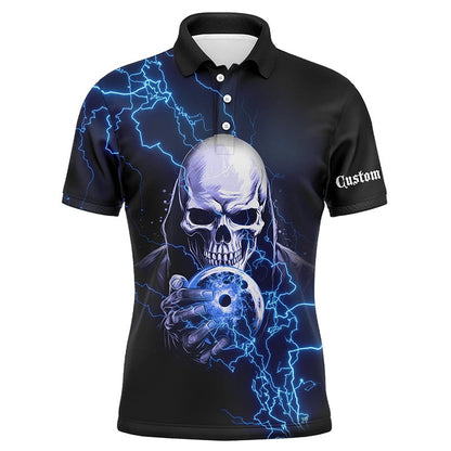 Custom Bowling Polo Shirts, Blue Thunder Skull Custom Bowling Team Shirts For Men And Women Team Bowling Jerseys Bowlers