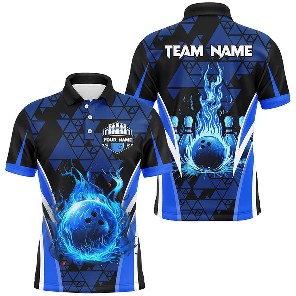Custom Bowling Polo Shirts, Blue Triangle Pattern Flame Bowling Ball Pins Custom Men Bowling Polo Shirts, Team Bowling Jerseys