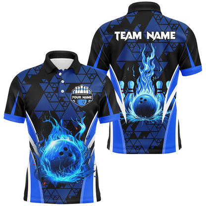 Custom Bowling Polo Shirts, Blue Triangle Pattern Flame Bowling Ball Pins Custom Men Bowling Polo Shirts, Team Bowling Jerseys
