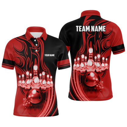Custom Bowling Polo Shirts, Bowling Ball And Pins Red Light Custom Team League Bowling Jerseys Polo Shirts For Men