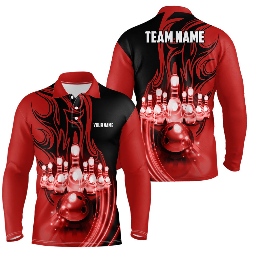 Custom Bowling Polo Shirts, Bowling Ball And Pins Red Light Custom Team League Bowling Jerseys Polo Shirts For Men