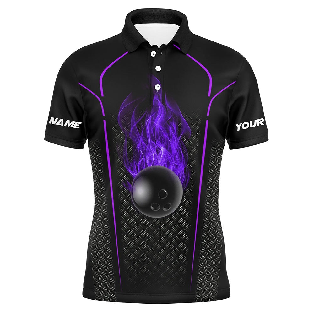 Custom Bowling Polo Shirts, Bowling Ball Fire Black Custom Polo Bowling Jersey Bowling Team Shirt For Men Purple