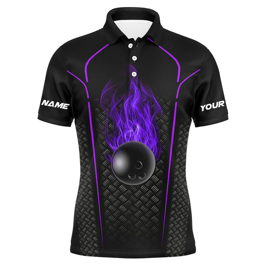 Custom Bowling Polo Shirts, Bowling Ball Fire Black Custom Polo Bowling Jersey Bowling Team Shirt For Men Purple
